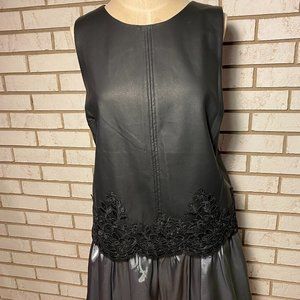 Dorothy Perkins - Black leather like top.  Lace over lay at bottom.  SZ 12